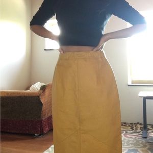 Vintage Ochre Deep Yellow 100% Genuine Leather Midi Skirt with Elastic Waistband